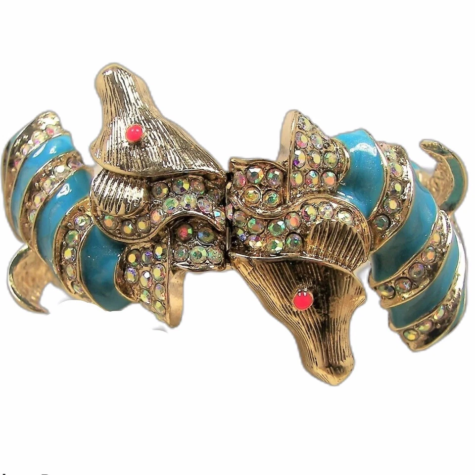 Betsey Johnson Gold-tone and Blue Enamel Sea Horse Hinged Bangle Bracelet