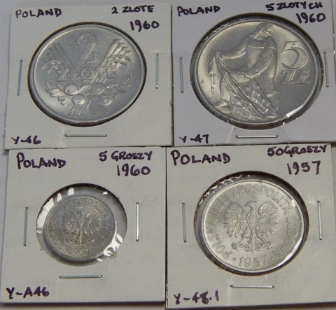 Lot of 4 - Poland - 1957 & 1960 - 5 & 50 Groszy + 2 & 5 Zlotych - High Grade Cover