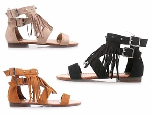 Gladiator Ankle High Strappy Back Zip Studs & Fringe Women Faux Suede Sandals - Picture 1 of 19