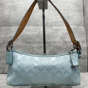 Coach Hampton Demi Baguette Schultertasche Canvas hellblau Signatur C Logo gebraucht - Bild 1 von 8
