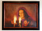Oil on canvas of woman praying over candlesticks, signed Avril Harris ’07.