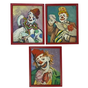 Original Framed Clown Oil Paintings Vintage Set of Three Framed Midcentury - Picture 1 of 5