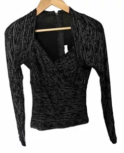 Lillie Rubin Large Black & White Sparkle Mesh Long Sleeve Top w Shoulder pads - Picture 1 of 15