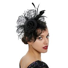 New Women Feather Flower Fascinator Hat Wedding Party Floral Mesh Veil Headband