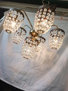 Empire Crystal Chandelier Light Fixture VTG 5 Arm 6 Lights Antique Brass  - Picture 1 of 21