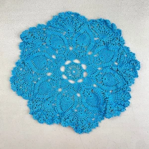 Vintage Handmade Large Crochet Doily Vibrant Blue Cotton Floral Mat (12 inch) - Picture 1 of 2