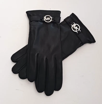 NUEVO Guantes Michael Kors Cuero Piel de Cordero Negros Plateados Logo MK Forrados Talla S/M Foto 1 de 4