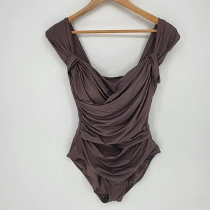 Badgley Mischka Chocolate Brown Ruched Draped Sweetheart One Piece Swimsuit 10 - Picture 1 of 10