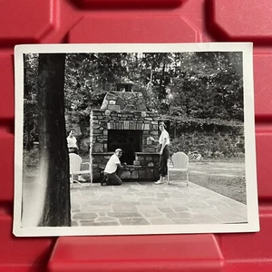Two Women And A Man By Outside Fireplace 5 x 4 Photograph Pre Owned Vintage 40s - Picture 1 of 2