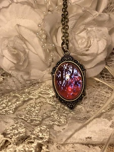 MEXICAN FIRE opal LARGE purple DRAGONS BREATH Necklace Pendant WEDDING Bronze - Picture 1 of 7