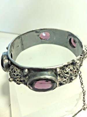 Ancien bracelet ethnique en argent -cabochons améthyste/verre- kabyle - Photo 1/4