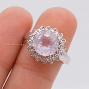 925 Sterling Silver Natural Round Cut Rose Quartz & CZ Engagement Ring Size 7 - Picture 1 of 9