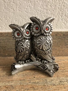 Silver Owls On Log with Red Gems Home Decor Figurine Statue 6" - Picture 1 of 9
