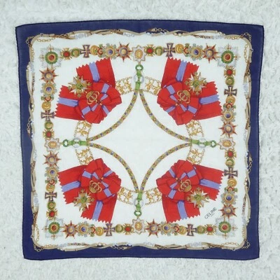 M863 CELINE Algodón Blanco Azul Bufanda Bufandas Bolsillo Cuadrado 18.5" X 18" Foto 1 de 4