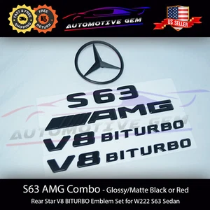 S63 SEDAN AMG V8 BITURBO Rear Star Emblem Black Badge Combo Set Mercedes W222 - Picture 1 of 4