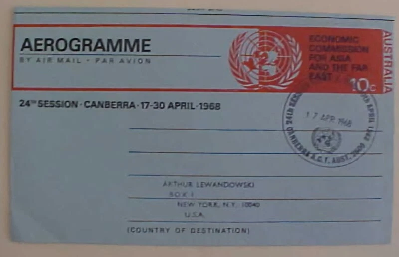 AUSTRALIA AIR LETTER FDC 1968 ECAFE CANBERRA CAT $ 25.00 - Image 1 of 1