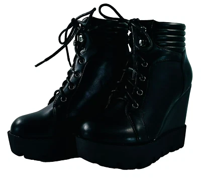 Gothic Fall Party Front Lace Up High Heel Leather Wedge Pumps Ankle Boot Black 8 - Image 1 of 4