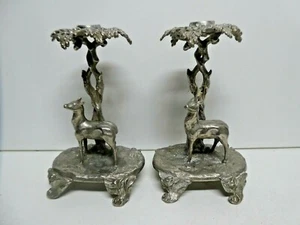 EARLY PAIR ANTIQUE DEER STATUE SILVER PLATE CANDLESTICKS DOE AND STAG - Picture 1 of 12
