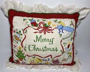 Merry Christmas Embroidery Pillow Eyelet House Of Hatten Trim Angel Tree Horn - Picture 1 of 9