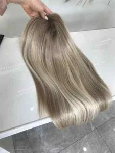 100% Human Hair Wigs Gray with Platinum Blonde Highlights Lace Front Wigs 20inch - Picture 1 of 4