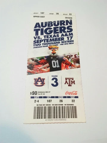 2016 Auburn Tigers Texas A&M Football Ticket Stub Cover