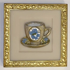 DEZINE Hand Painted Wall Art Teacup And Saucer Gold Trim VTG Small Home Decor - Picture 1 of 9