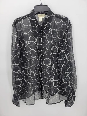 Coldwater Creek Top Womens Plus 2X Black White Geo Print Sheer Chiffon Silk - Image 1 of 4