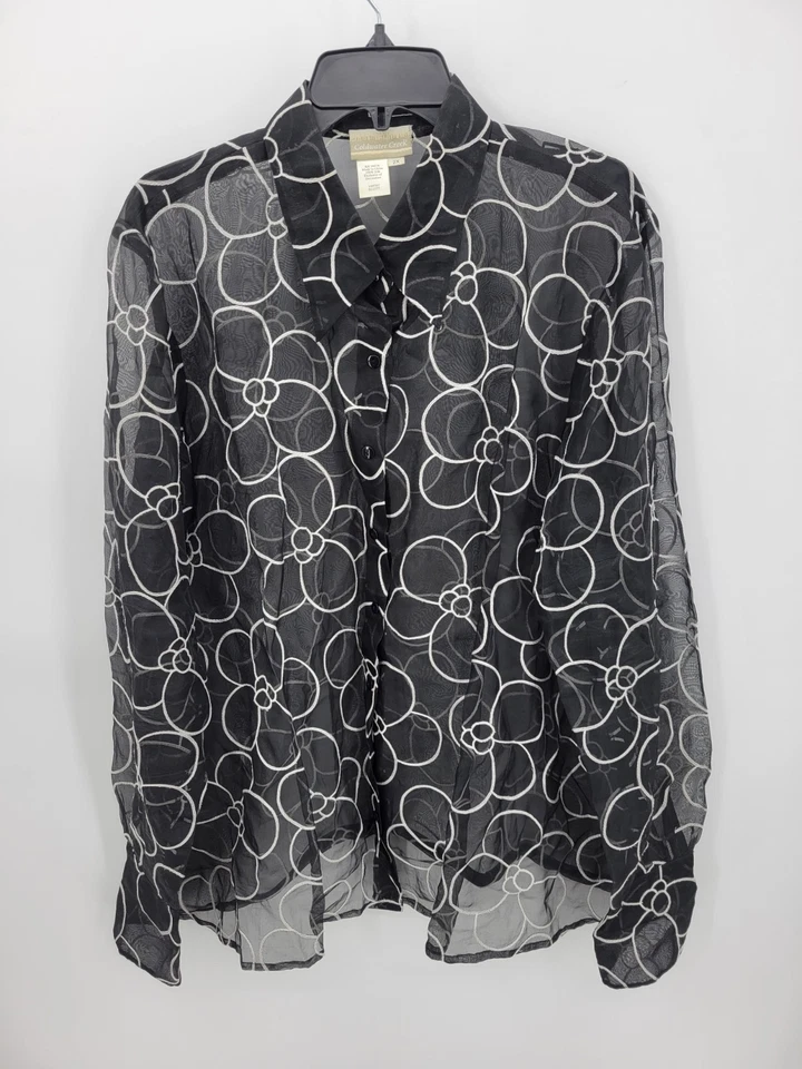 Coldwater Creek Top Womens Plus 2X Black White Geo Print Sheer Chiffon Silk - Image 1 of 4