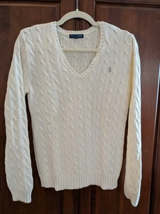 Ralph Lauren Cable knit Sweater Womens Cream V Neck Preppy size Large - Picture 1 of 4
