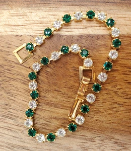 Vintage Gold Tone Green & Clear Rhinestone Tennis Bracelet 6.5" Crystal Delicate - Picture 1 of 6