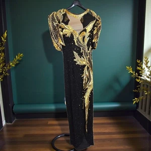 Vintage Alyce Designs Silk Dress Size 4 Black & Gold Beaded Gown Formal Wear - Picture 1 of 16