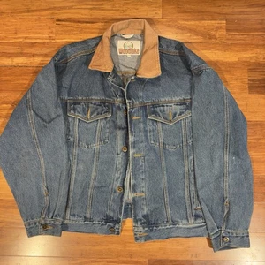 Vtg Woodlake Denim Trucker Jacket Mens XL Leather Collar Medium Wash Barn Grunge - Picture 1 of 13