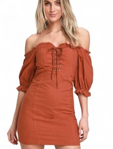 Lulus Dress Sz XL See Ya Later Terra Cotta Off-the-Shoulder Lace-Up 100% Cotton - Picture 1 of 7