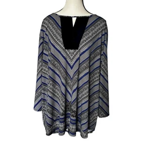 Cato Tunic Womens 22/24 Geometric Black Blue Keyhole V Neck 3x Chevron Blouse - Picture 1 of 9