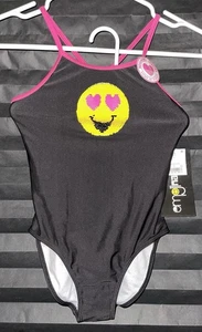 NEW Girls Emoji Black Reversible Sequence Swimsuit Bathing Suit XS SPF 50 - Picture 1 of 3