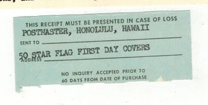 1960 HAWAII 50 STAR FLAG 1153 UNUSUAL EPHEMERA POSTMASTER RECEIPT FOR FDCs - Picture 1 of 2