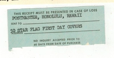 1960 HAWAII 50 STAR FLAG 1153 UNUSUAL EPHEMERA POSTMASTER RECEIPT FOR FDCs - Image 1 of 2