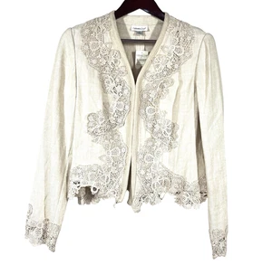 NWT Coldwater Creek Embellished Linen Jacket Sz M Floral Lace Sophisticated Boho - Picture 1 of 10