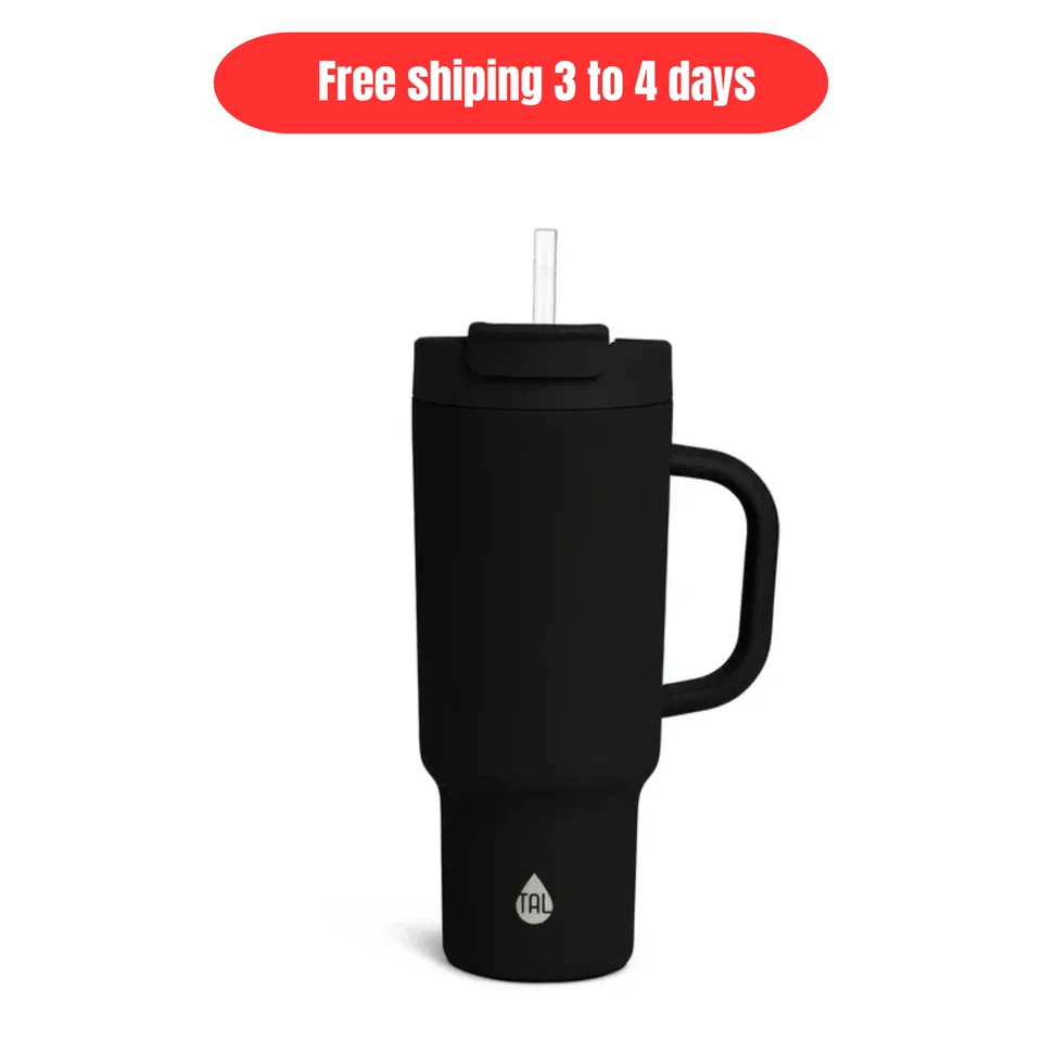 Vaso de acero inoxidable TAL Hudson 40 oz con mango de pajita doble tapa negro NUEVO Foto 1 de 4
