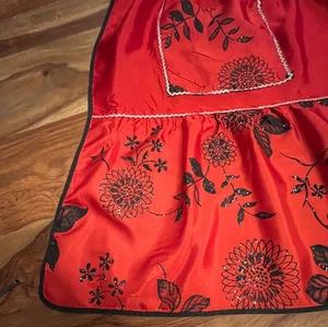 Vintage 50’s Nylon Half Apron Rick Rack Pocket Sparkles Shiny Red Black Xmas - Picture 1 of 7