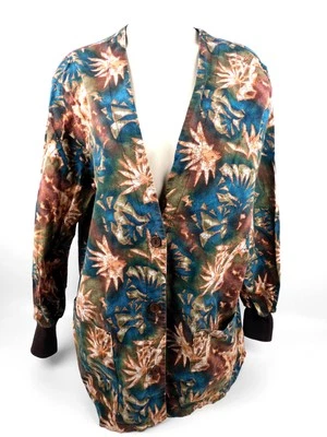 Peaches Batik Tie-Dye Scrub Jacket Teal Blue & Brown Vet Medical Nursing XL - Image 1 of 4