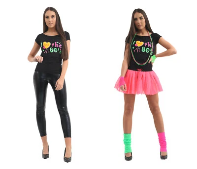 I Love The 1980s Costume Set T-Shirt Tutu Leg Warmer Neon Party Hen Fancy Dress - Image 1 of 4