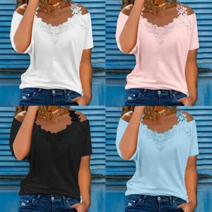 Para mujeres Blusa de Encaje Liso Camiseta Damas Más Camiseta Verano Mangas Cortas Prendas para el torso Talla - Imagen 1 de 12