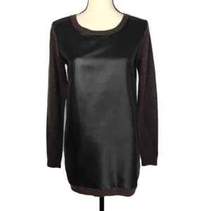 Halogen Merino Wool Faux Leather Front Sweater Womens XS Brown Black - Picture 1 of 7