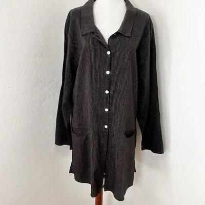 Льняная рубашка куртка женская средний размер черная в тонкую полоску на пуговицах легкая Lagenlook - Изображение 1 из 4