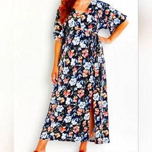 Motherhood Black Floral V-neck Kimono Style Sleeves Tied Back Maxi Dress Sm - Picture 1 of 13