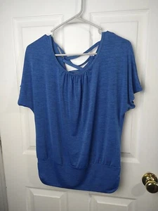AB Studio woman S blouse Blue Black Heather Activewear Pullover Back Strappy - Picture 1 of 9