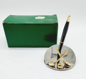 Golf Sports Ink stand Pen Holder Gold Tone Club Sticks Ball office desk - Picture 1 of 11