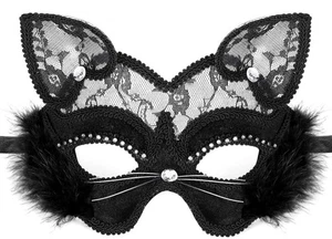 Maske und Stirnband Venezianische Katze Maskerade Schwarz Spitze Strass Elegant Neu - Bild 1 von 6