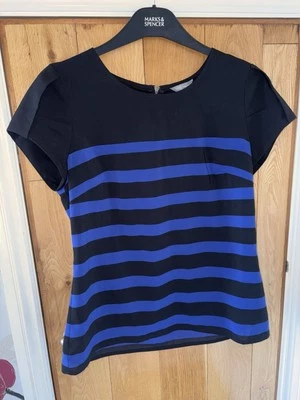 Fab Ladies M&S Black Indigo Blue Striped S'Sleeved Blouse, UK Size 10 - Image 1 of 4